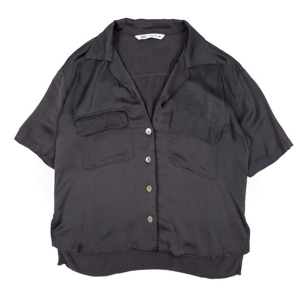Zara Tops - ZARA Oversized Button Down Short Sleeve Utility Shirt Gray Satin Womens XS